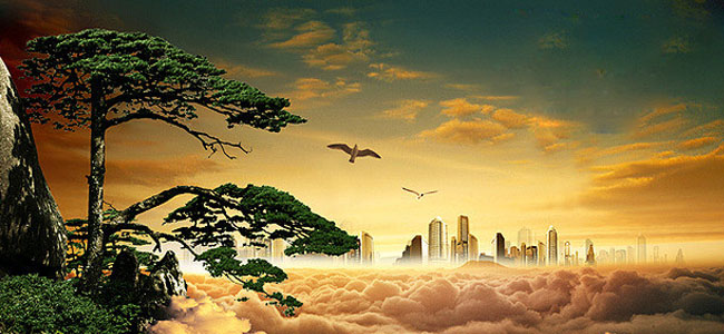 有城市有黃山迎客松有飛鳥,可用于體現自存高遠的企業文化。