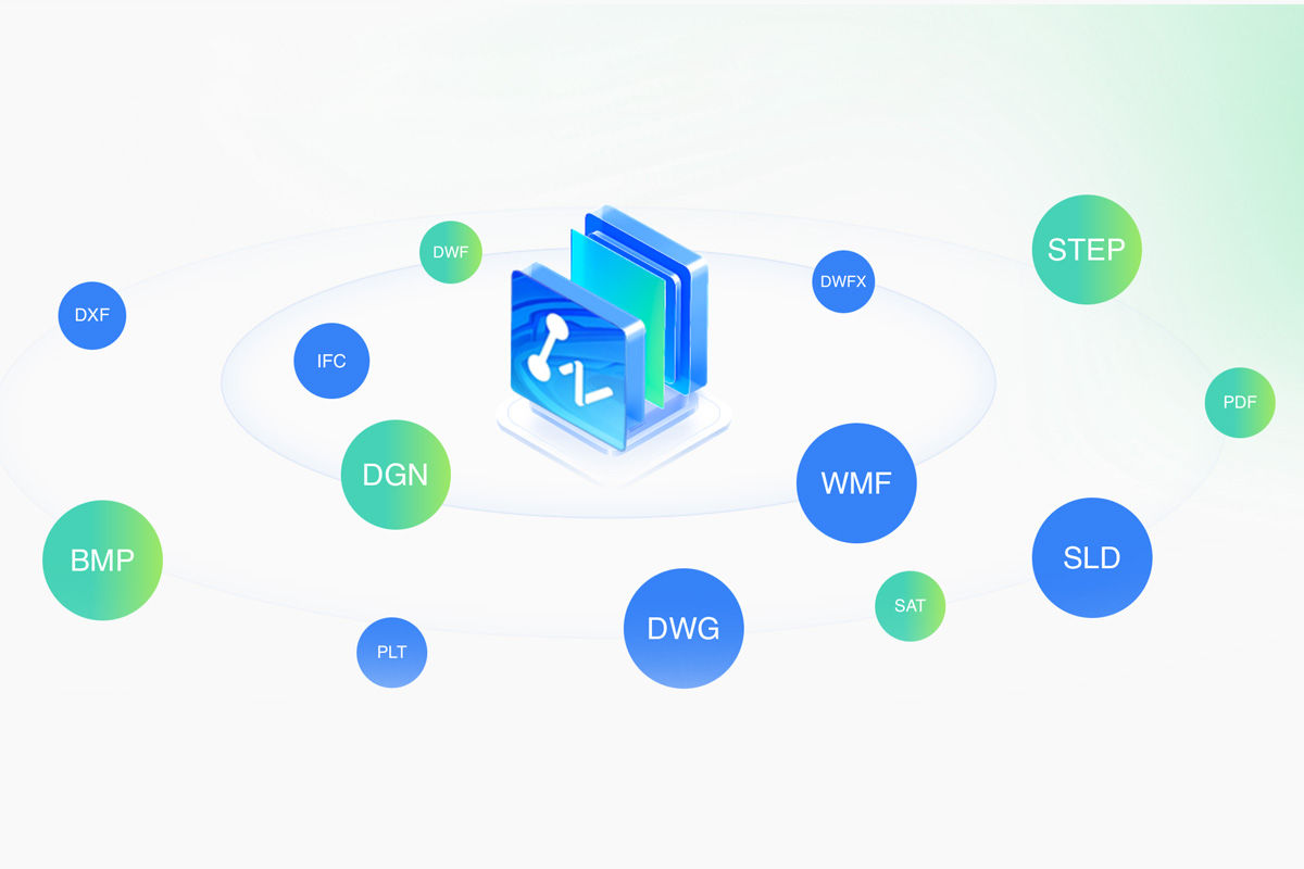 兼容DWG、DXF、BMP、IFC、DWF、DGN、PLT、DWFX、WMF、SAT、SLD、STEP、PDF等常用格式